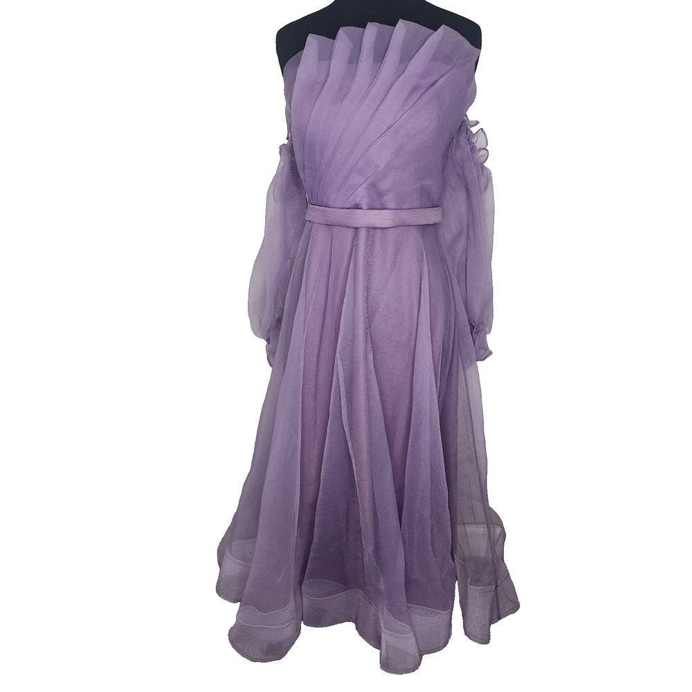 Bright Lavender Womens Strapless Detached Sleeves Long Bridesmaid Dress‎ - L